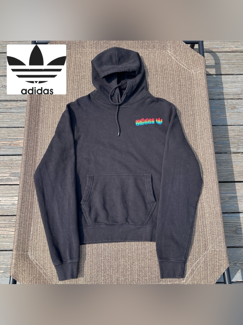 adidas Originals Mens Black Essentials RGB Stacked Trefoil Hoodie Small